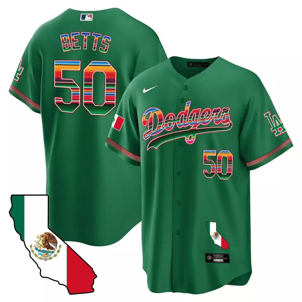 Mookie Betts 50 Dodgers Jersey Green Cinco De Mayo Mexico Flag California Map Men