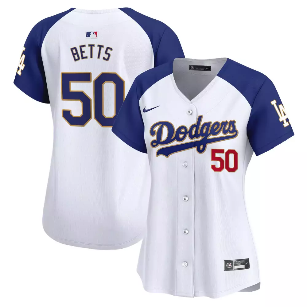Mookie Betts 50 Dodgers Jersey White Men Split Design Royal Blue Red Gold Alternate