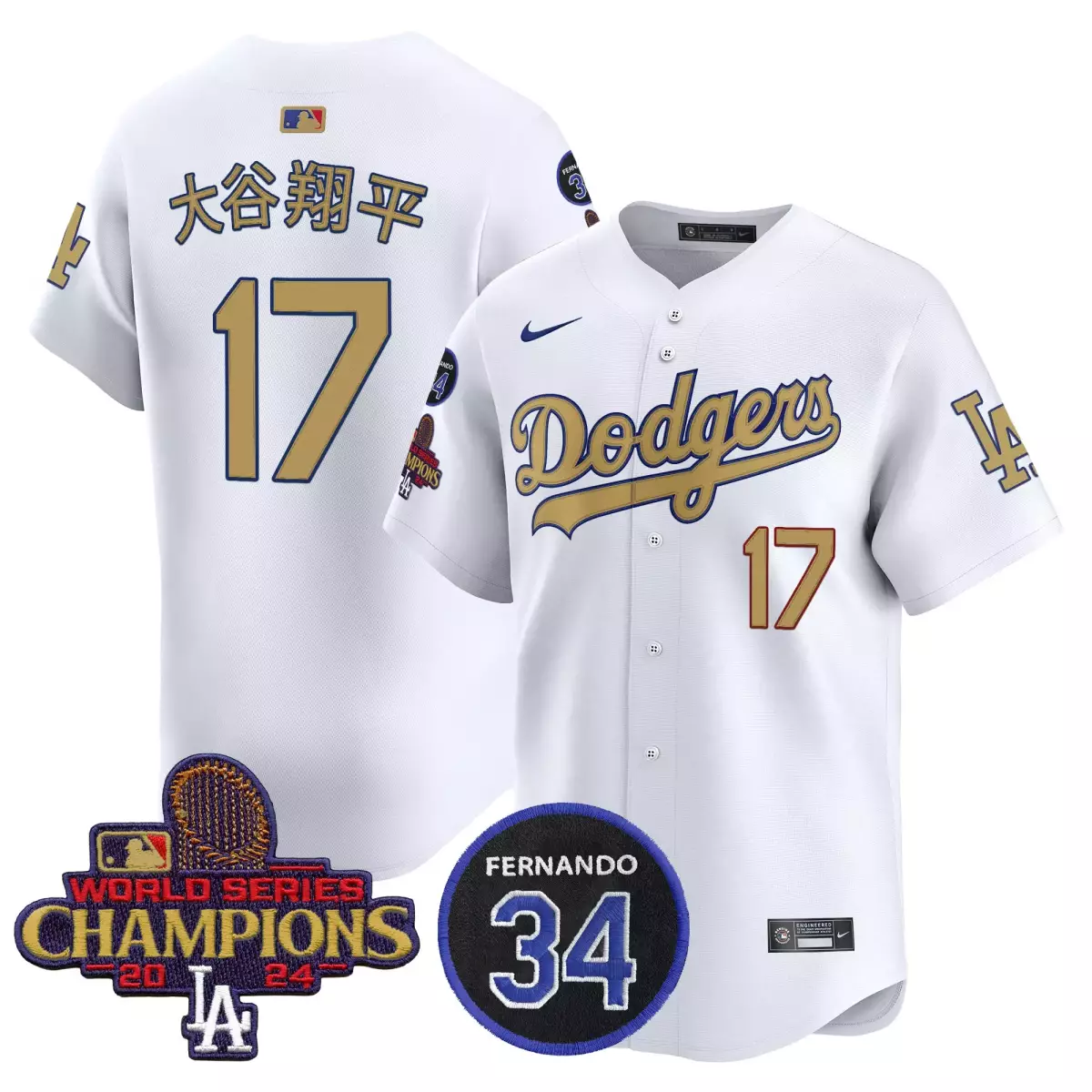 大谷翔平 17 Dodgers Jersey White World Series Champions 2024 Fernando 34 Men Gold Blue