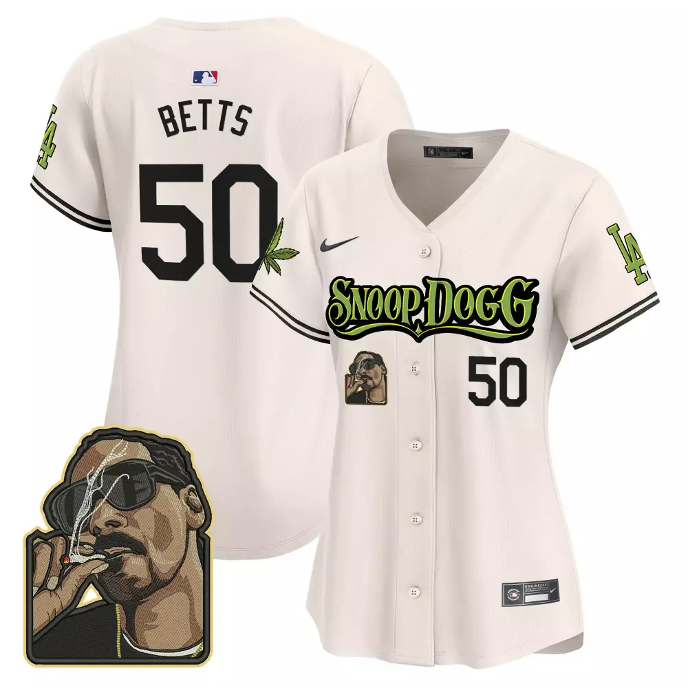 Mookie Betts 50 Jersey White Snoop Dogg Collaboration Los Angeles Dodgers Portrait Marijuana Leaf
