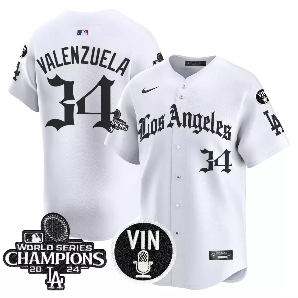 Fernando Valenzuela 34 Jersey White World Series Champions 2024 Los Angeles Dodgers Vin Microphone