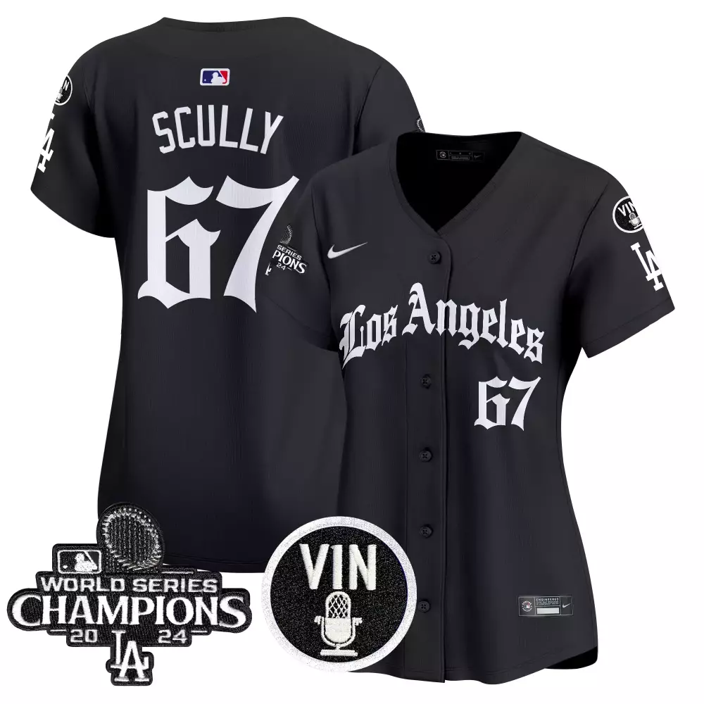 Scully LA 67 Los Angeles Dodgers Jersey Black World Series Champions Vin Microphone