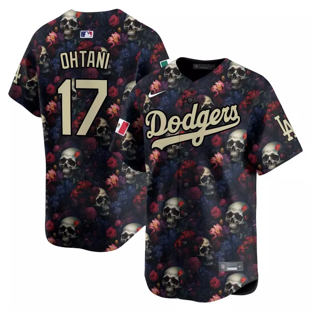 Shohei Ohtani 17 Dodgers Jersey Black Dia De Los Muertos Men Custom Design Gold Red