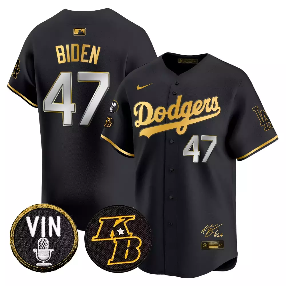 Joe Biden 47 Dodgers Jersey Black Vin Scully Microphone Kobe Bryant #24 Men Gold