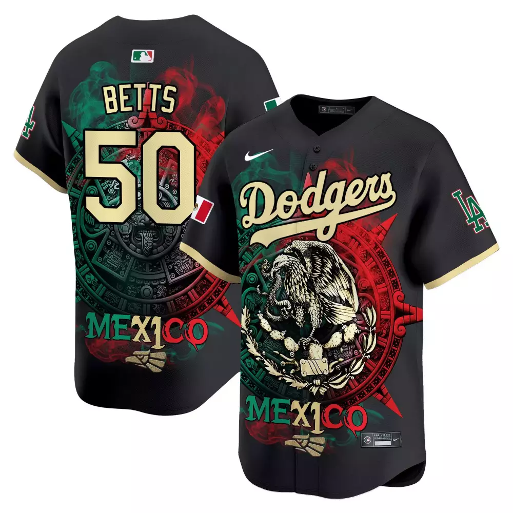 Mookie Betts 50 Dodgers Jersey Black Mexico Day Men Custom Design Green Red Gold