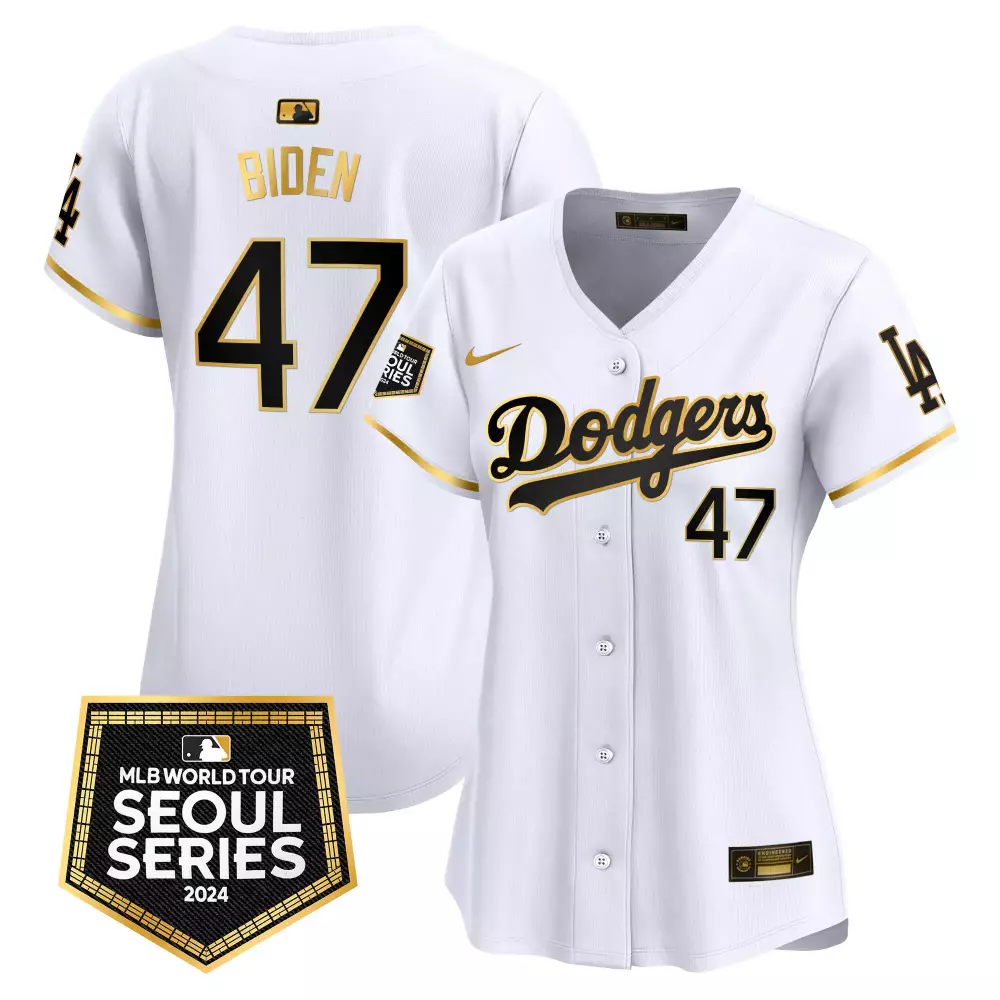 Joe Biden 47 Dodgers Jersey White Seoul Series 2024 Men Gold Vapor Premier Limited