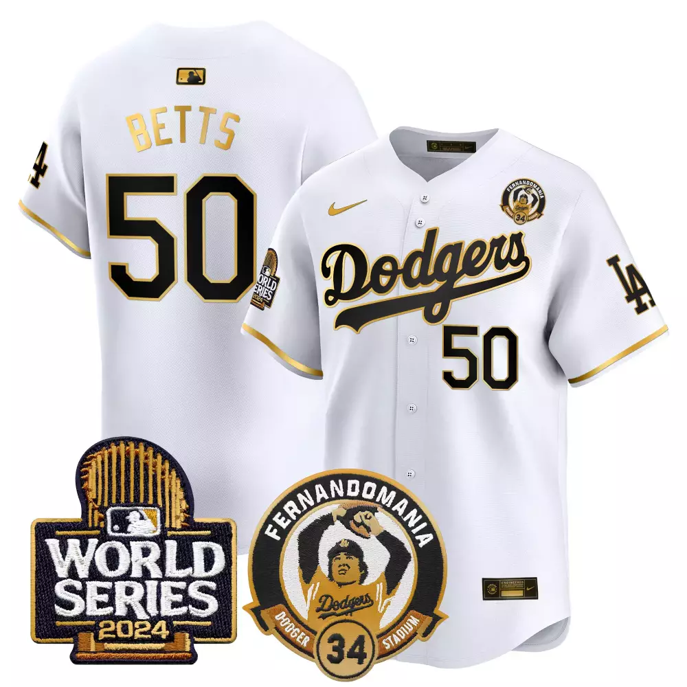 Mookie Betts 50 Dodgers Jersey White Fernando Mania World Series 2024 Men Gold Black