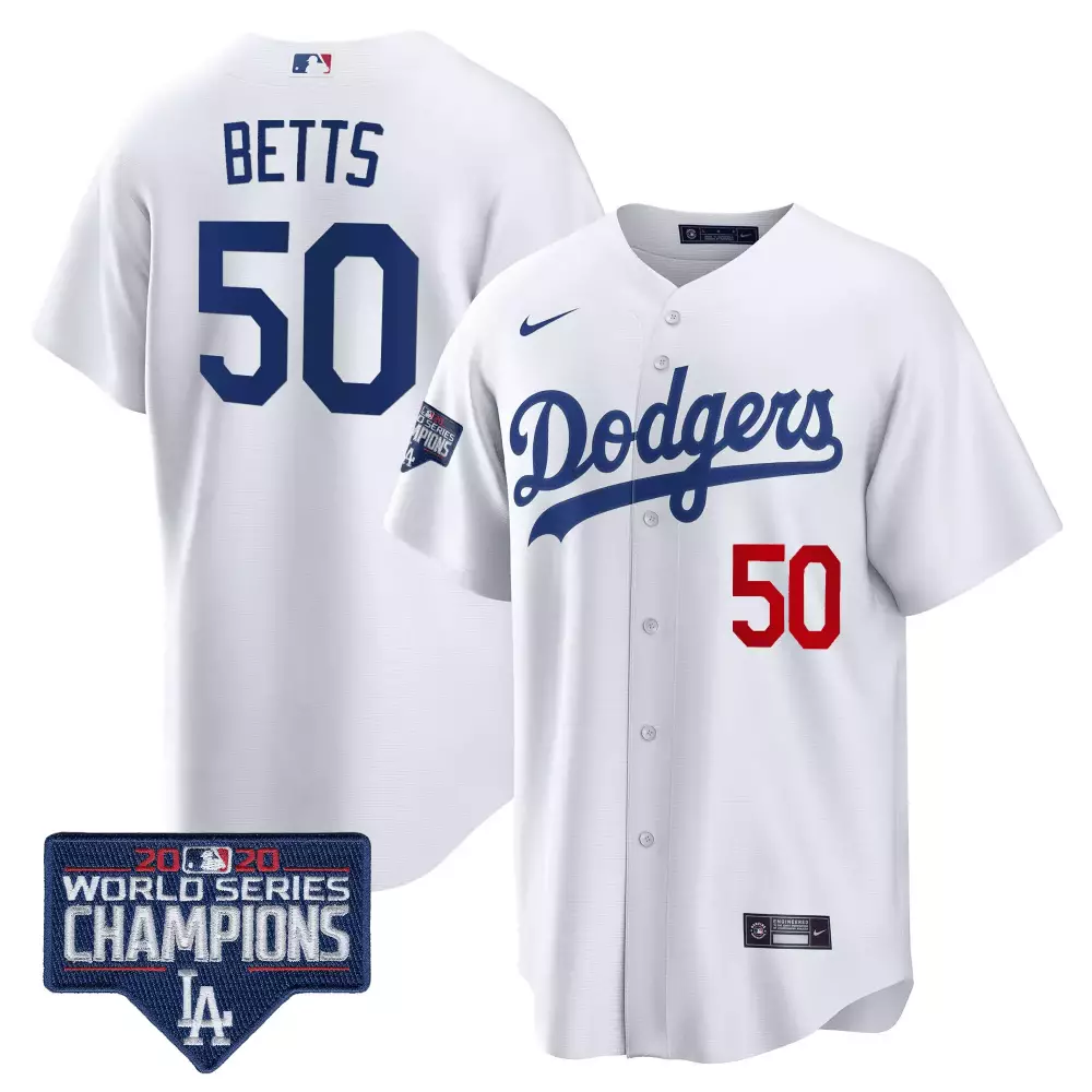 Mookie Betts 50 Dodgers Jersey White 2020 World Series Champions Men Blue Red Cool
