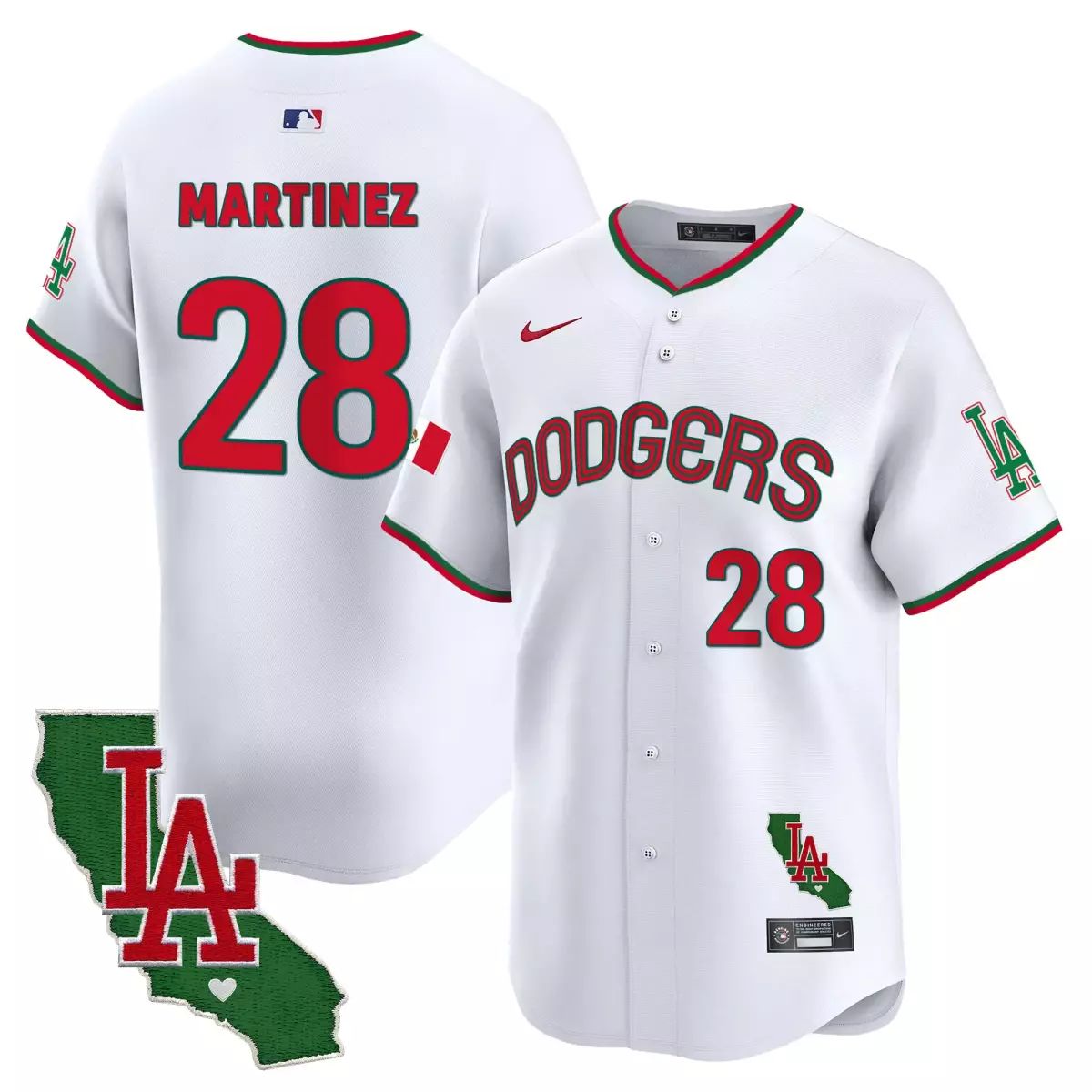 Martinez Mexico 28 Dodgers Jersey White City Connect LA Men Custom Design Red Green