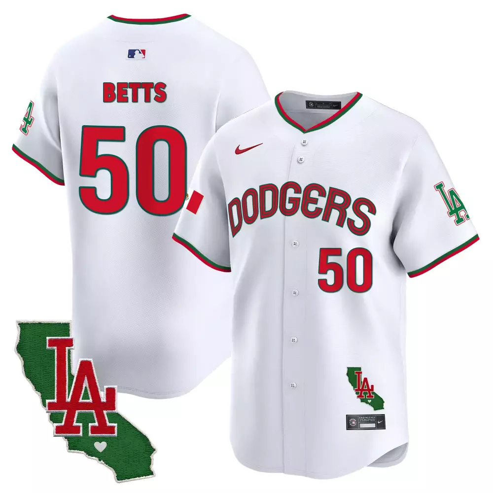 Mookie Betts 50 Dodgers Jersey White City Connect Los Angeles California State Outline