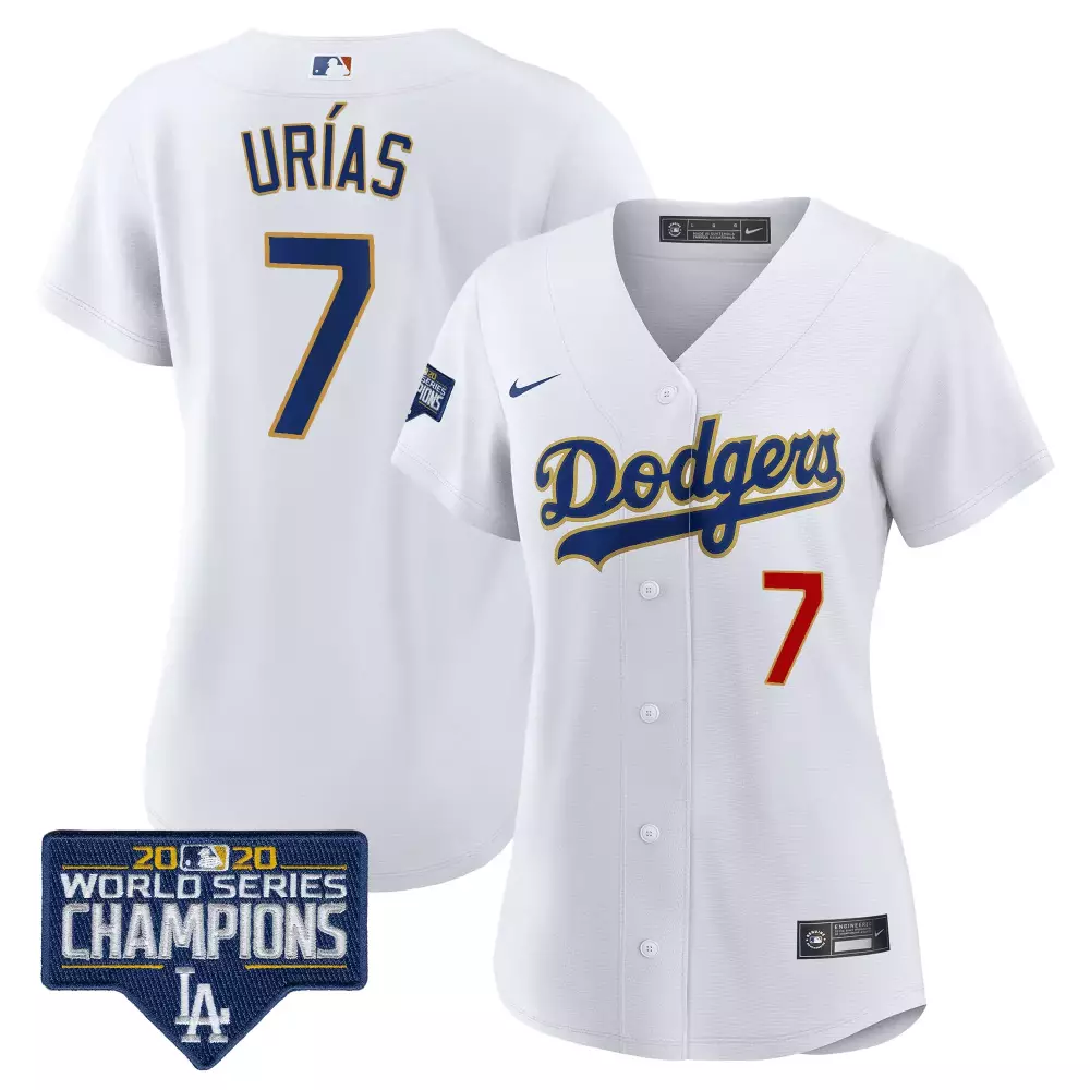 Ramón Urías 7 Dodgers Jersey White 2020 World Series Champions Women Blue Gold All