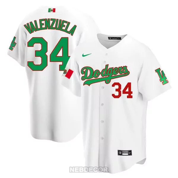 Valenzuela 34 Dodgers Jersey White Mexico Flag Men Green Red Heritage
