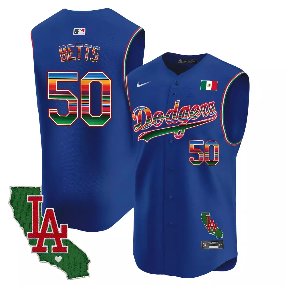Mookie Betts 50 Dodgers Jersey Blue Cinco De Mayo Mexico Flag California Outline LA 2023