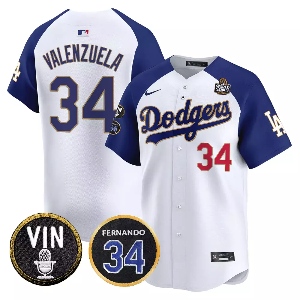 Fernando Valenzuela 34 Dodgers Jersey White World Series Vin Men Blue Red Alternate