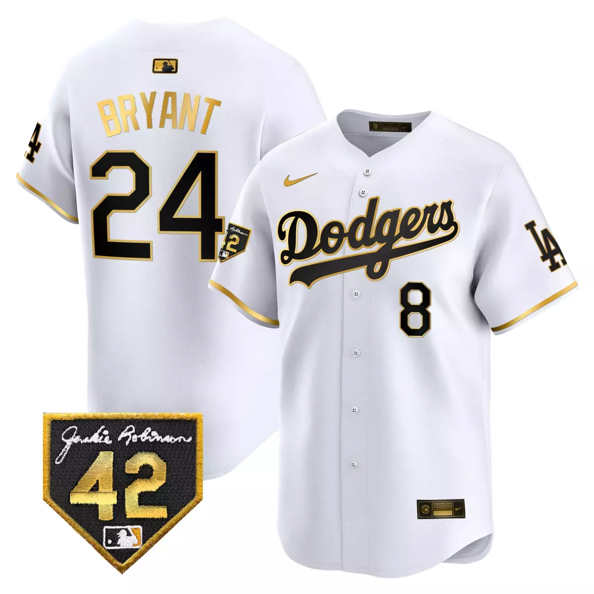 Bryant 24 Dodgers Jersey White Jackie Robinson 42 Men Gold Black Vapor Premier Limited