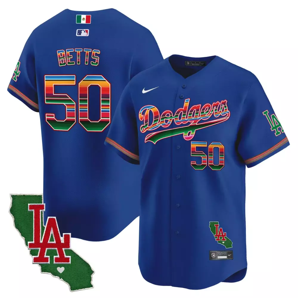 Mookie Betts 50 Dodgers Jersey Royal Blue Cinco De Mayo Mexico Flag LA California Outline