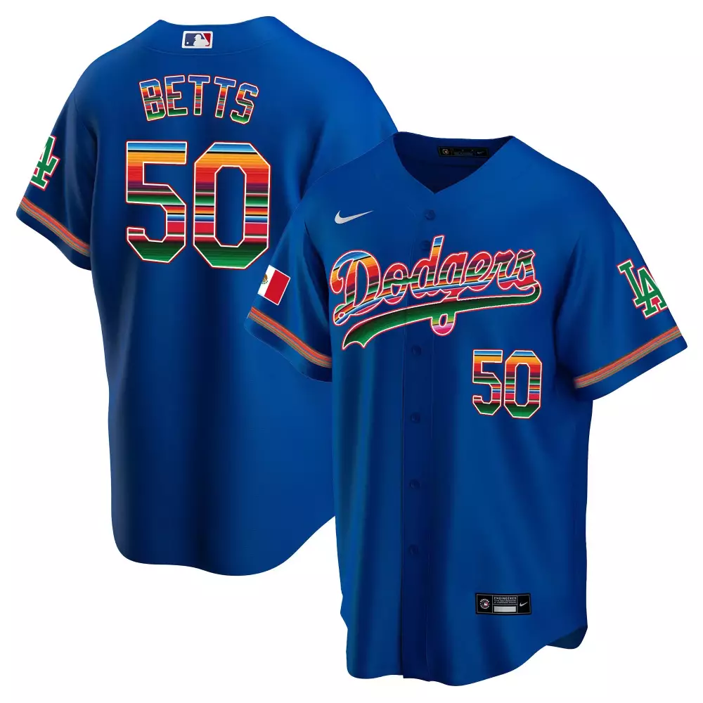 Mookie Betts 50 Dodgers Jersey Blue Mexican Flag Men Custom Design Green Red Yellow