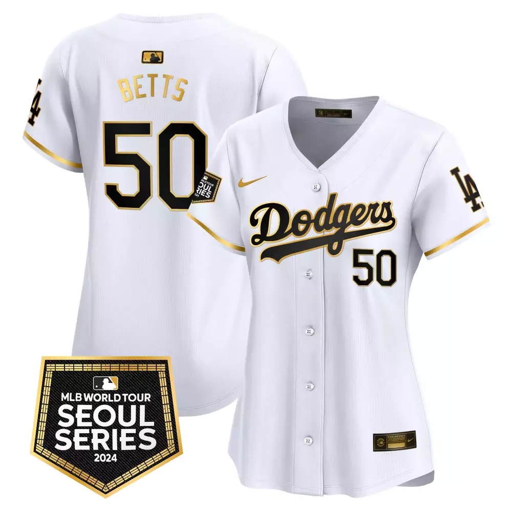 Mookie Betts 50 Dodgers Jersey White Men Black Gold Vapor Premier Limited All