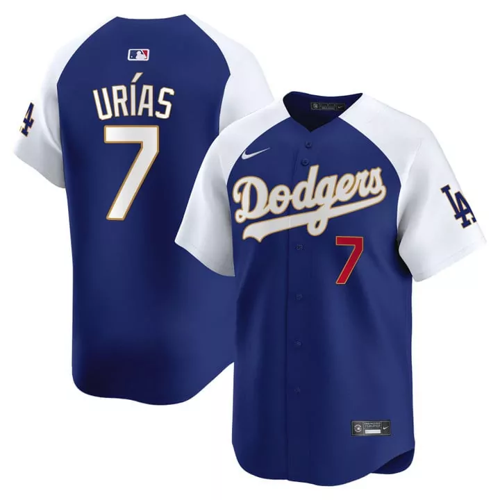 Julio Urias 7 Dodgers Jersey Royal Blue Men Split White Gold Alternate Vapor Premier