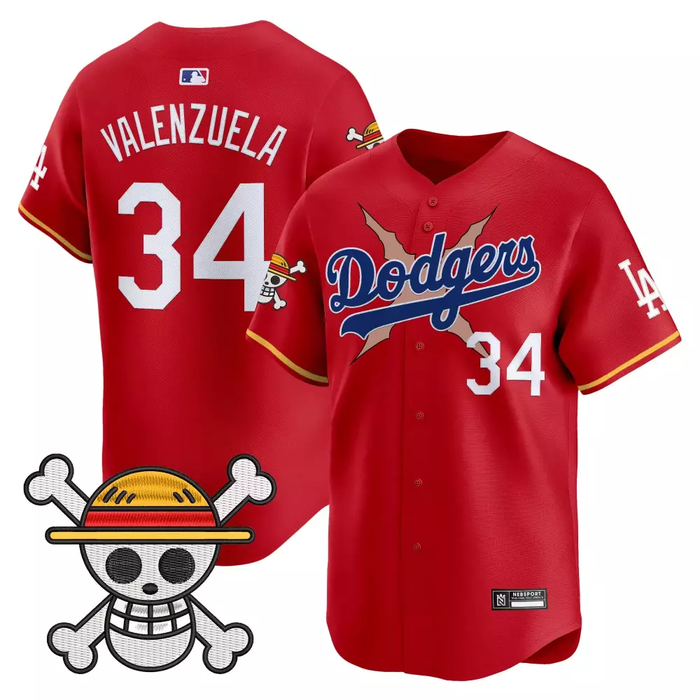Valenzuela 34 Dodgers Jersey Red One Piece LA Straw Hat Pirates 2023 Men Split Design