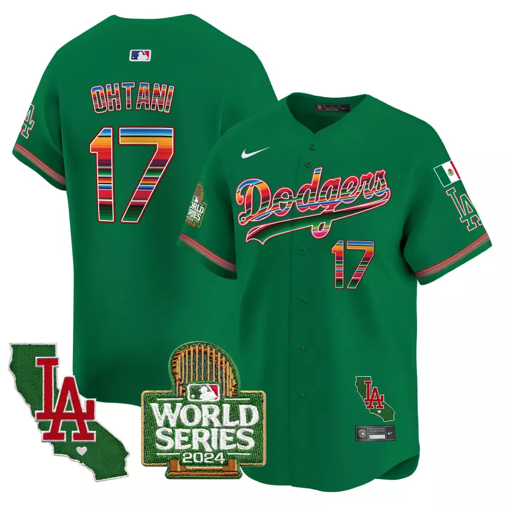 Shohei Ohtani 17 Dodgers Jersey Green Mexican Heritage World Series 2024 California Outline LA