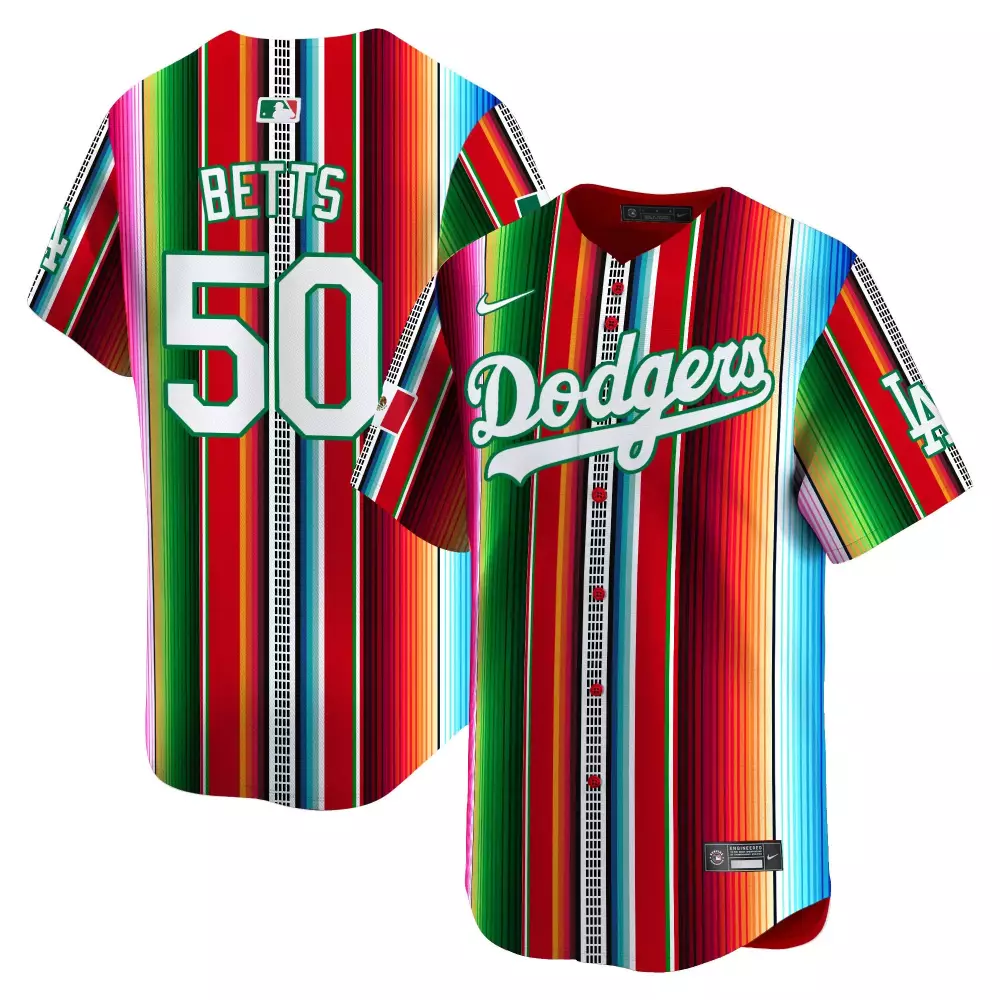 Mookie Betts 50 Dodgers Jersey Red Men Alternate Custom Design Green Yellow Blue