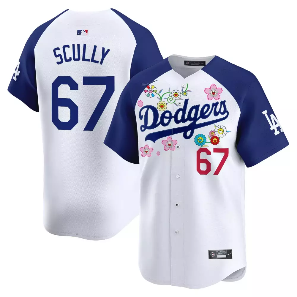 Scully Floral 67 Dodgers Jersey White Men Custom Design Royal Blue Vapor Embroidered