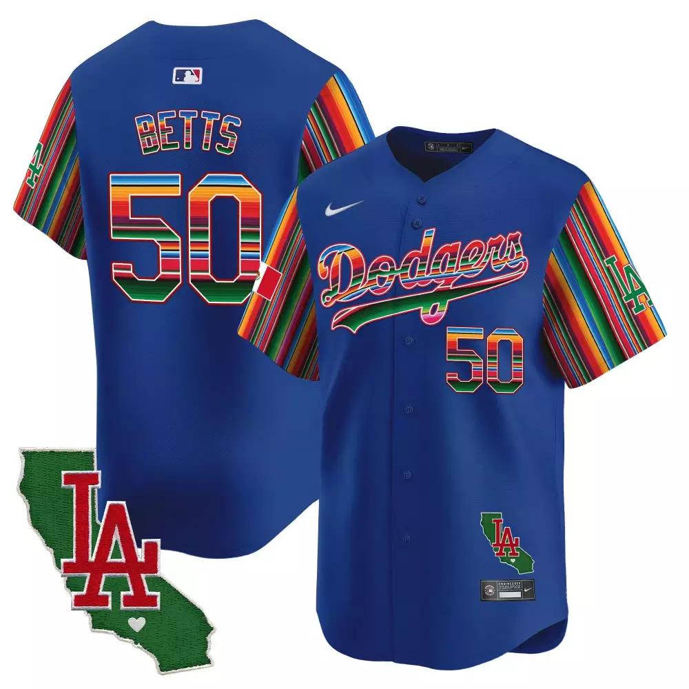 Mookie Betts 50 Dodgers Jersey Blue Cinco De Mayo LA California Outline Heart Men