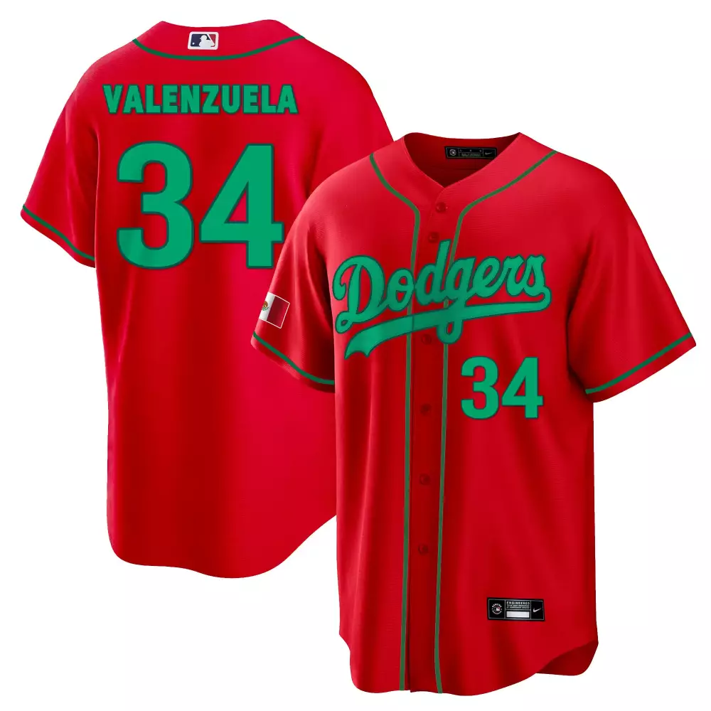 Valenzuela 34 Dodgers Jersey Red Mexico Flag Men Green Stitched
