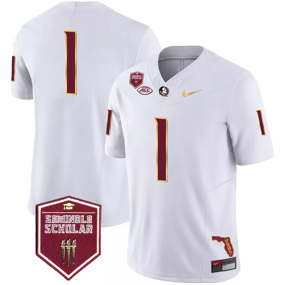 Custom Florida State Seminoles 1 Jersey White Seminole Scholar Outline Home 2023