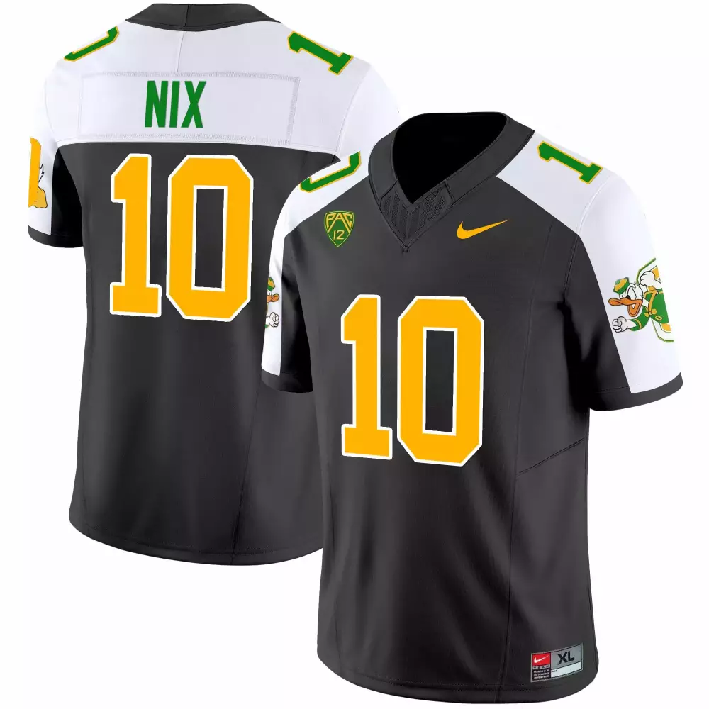 Bo Nix 10 Oregon Ducks Jersey Black Men Split Design Yellow White Green Alternate