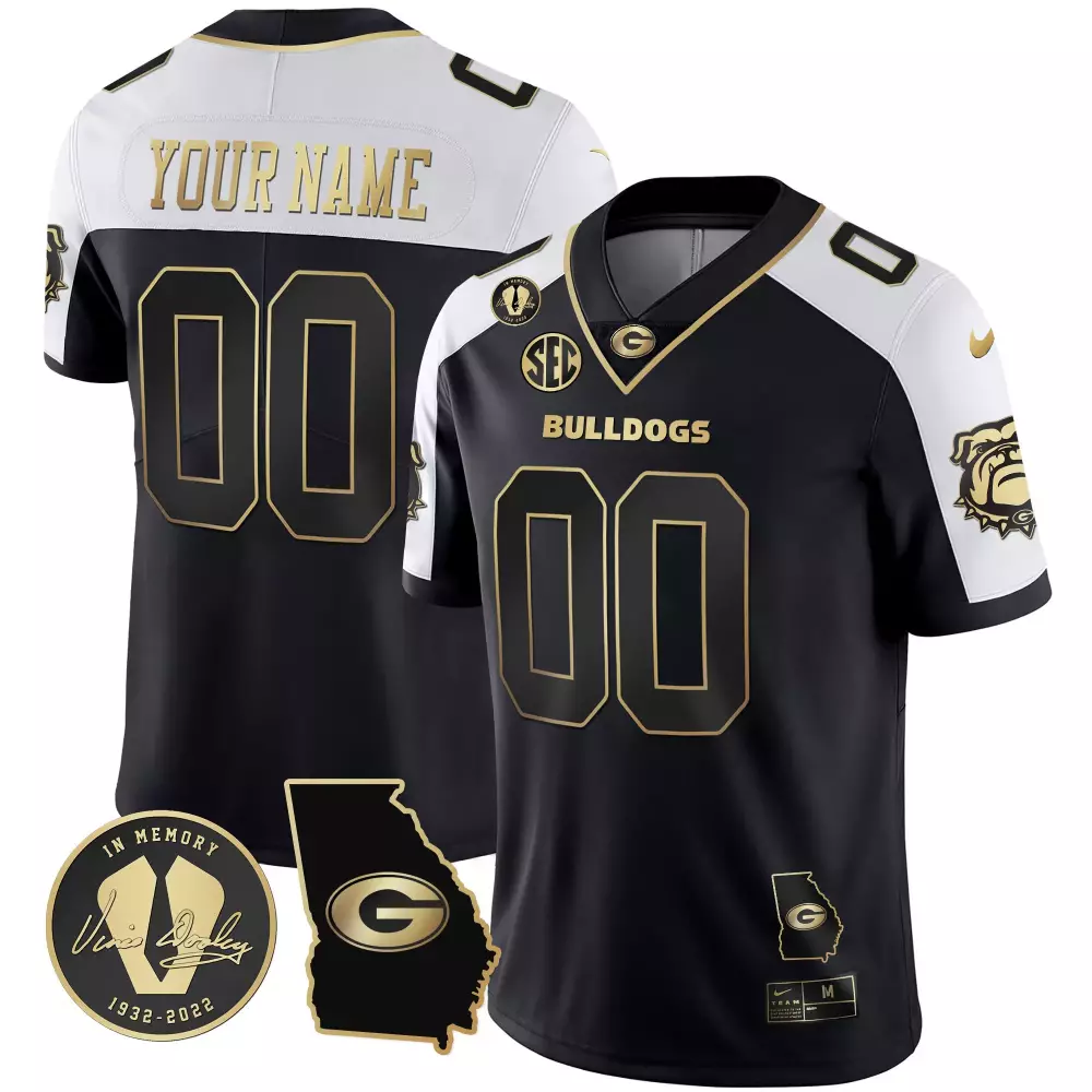 Custom Georgia Bulldogs Jersey Black Vince Dooley Memorial Memory 1932-2022 Men White