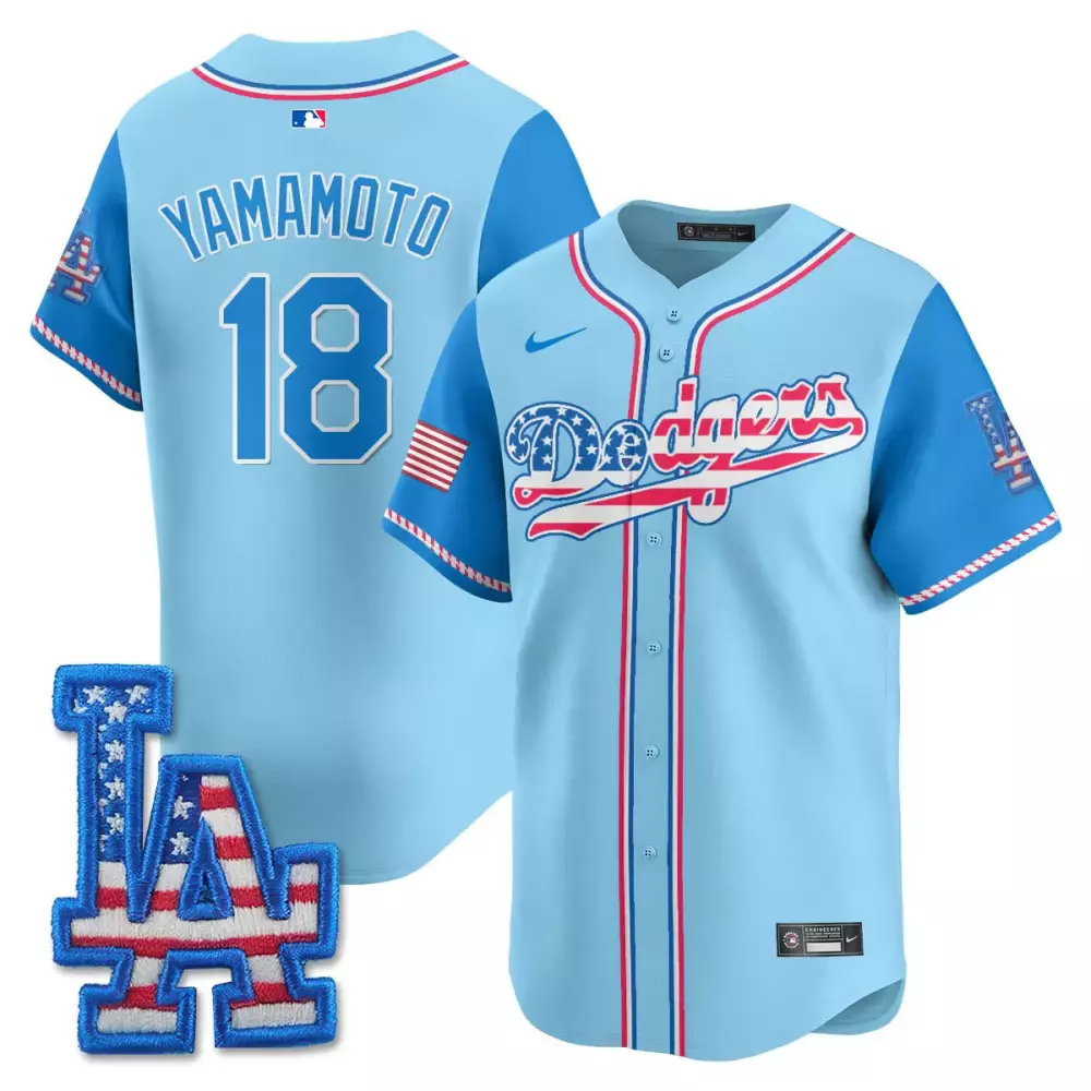 Yamamoto Independence 18 Dodgers Jersey Light Blue LA American Flag Men Split Design