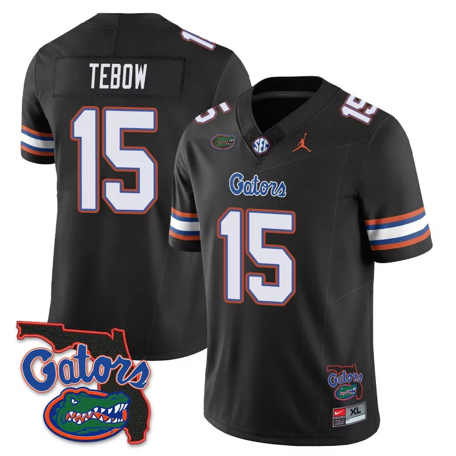 Tebow Gators 15 Florida Jersey Black State Map Patch Men Orange White Blue All Stitched