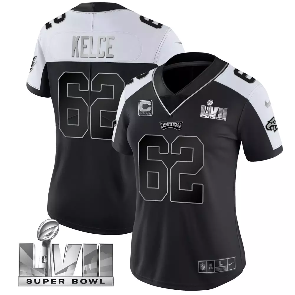 Jason Kelce 62 Eagles Jersey Black Super Bowl Lvii Women Player Alternate White Silver