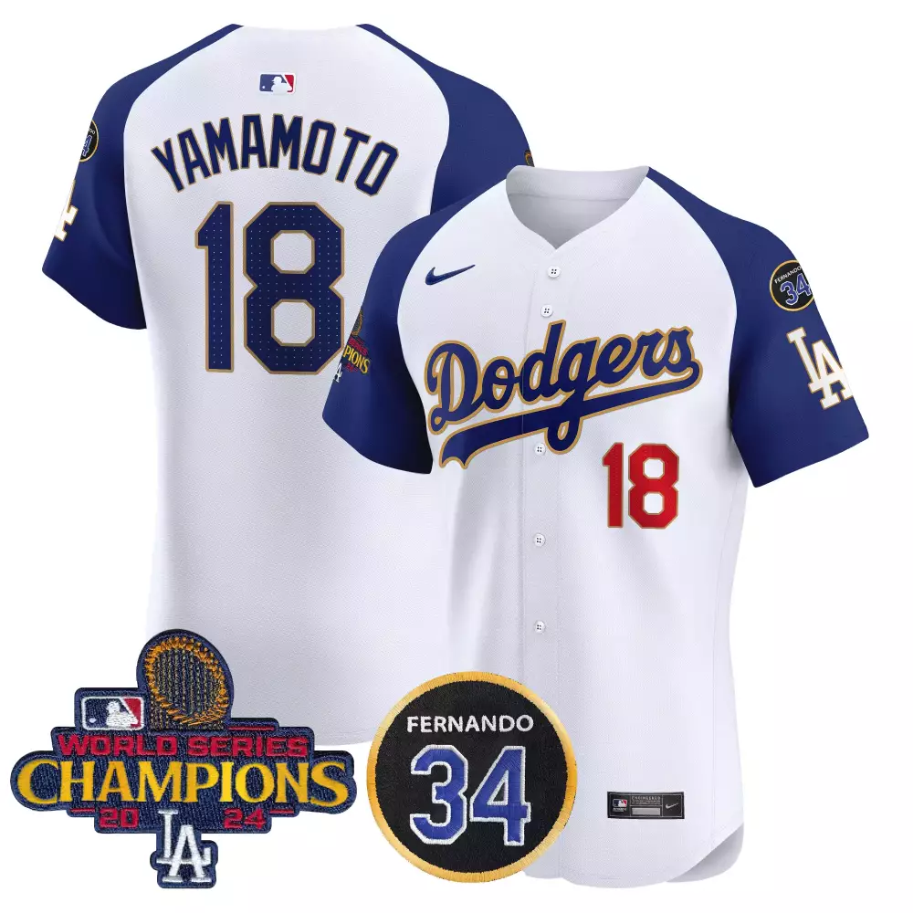 Yoshinobu Yamamoto 18 Dodgers Jersey White 2024 World Series Champions Men Blue Red