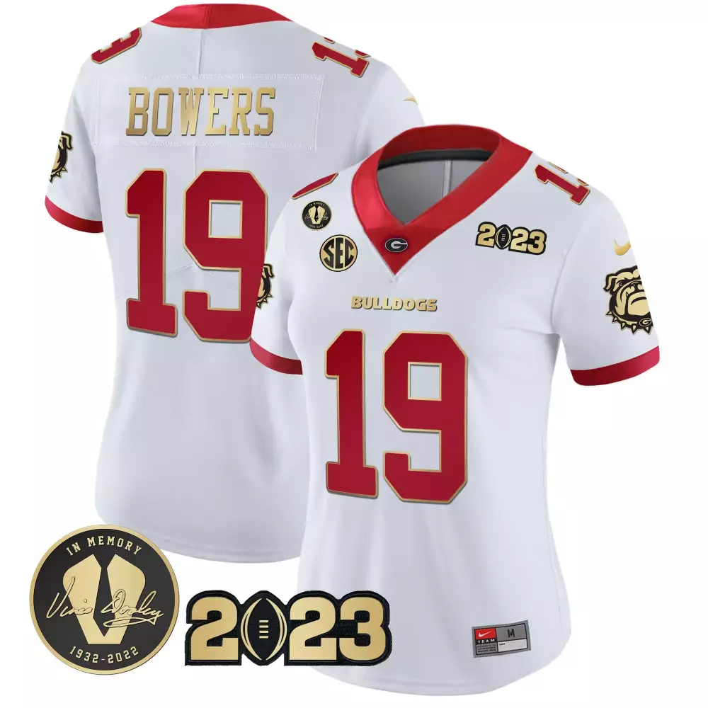 Brock Bowers 19 Georgia Bulldogs Jersey White In Memory Vince Dooley Women Red Gold