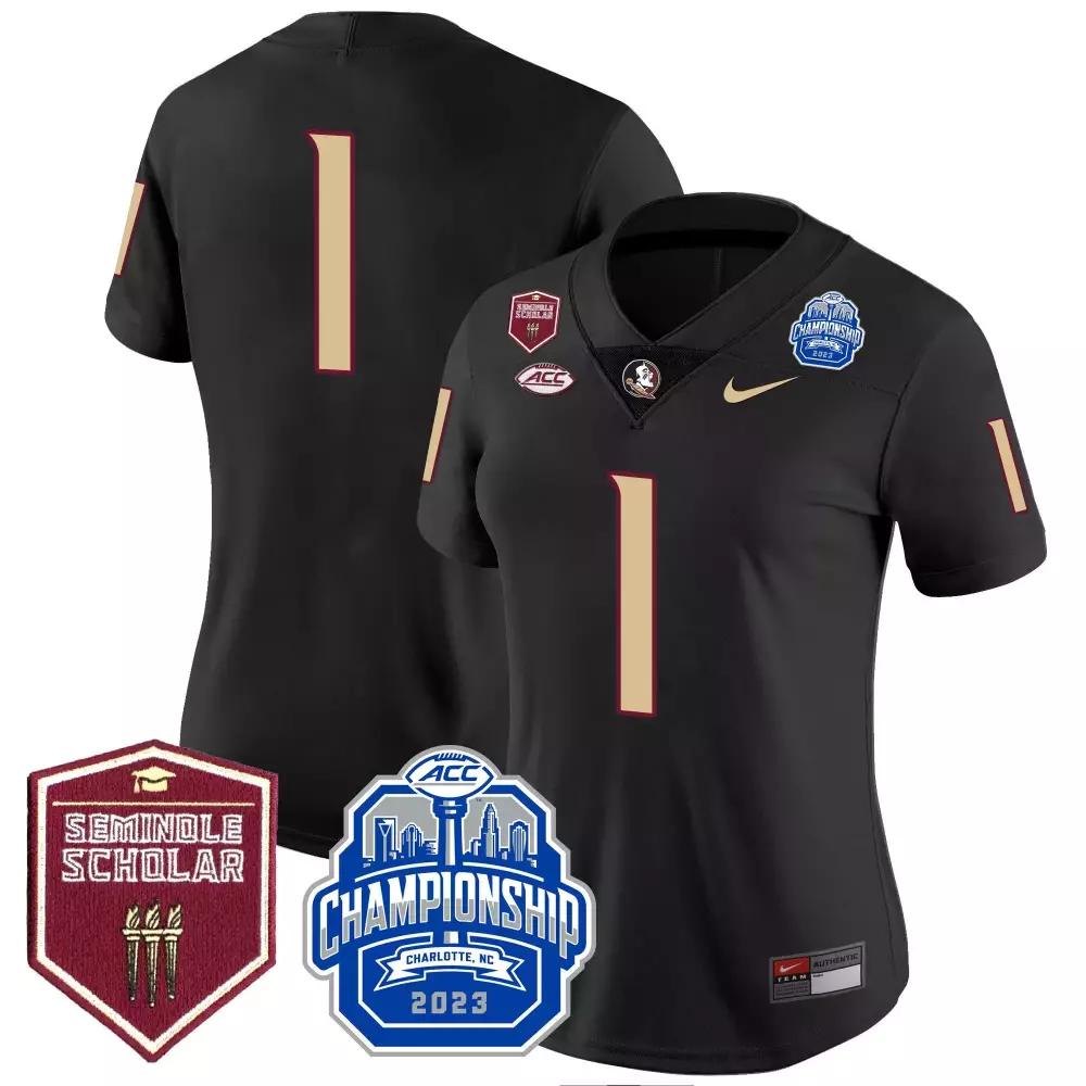 Custom Florida State Seminoles 1 Jersey Black ACC Championship 2023 Charlotte Nc Seminole Scholar