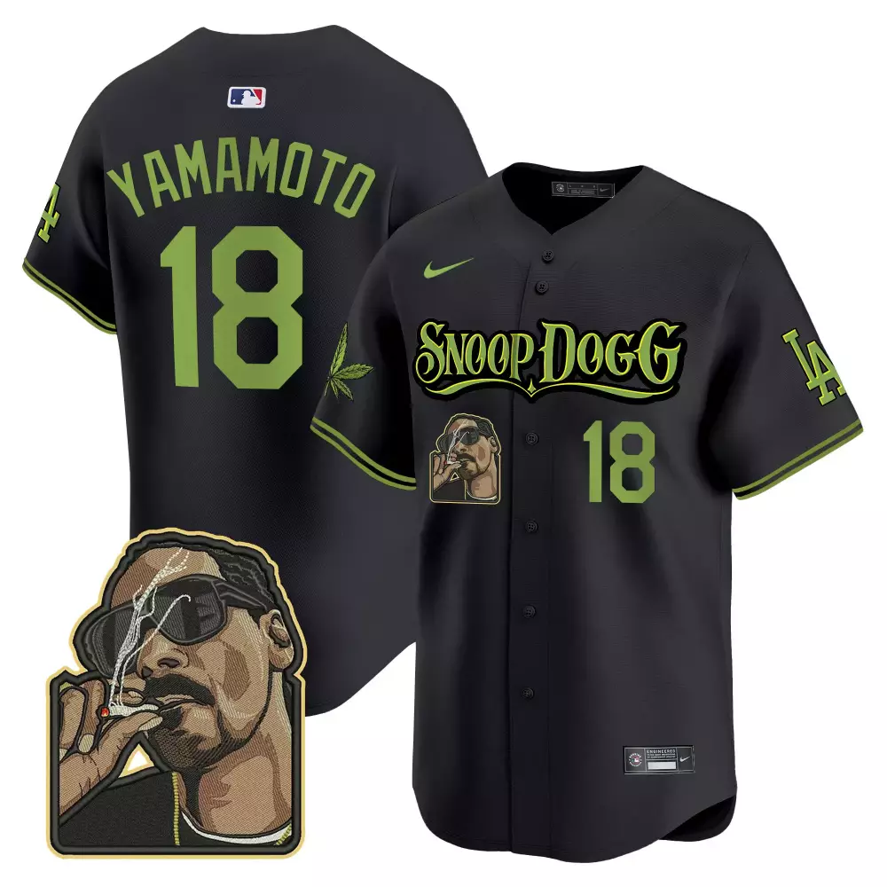 Yamamoto Snoop 18 Jersey Black Dogg Los Angeles Dodgers Portrait LA Men Lime Green