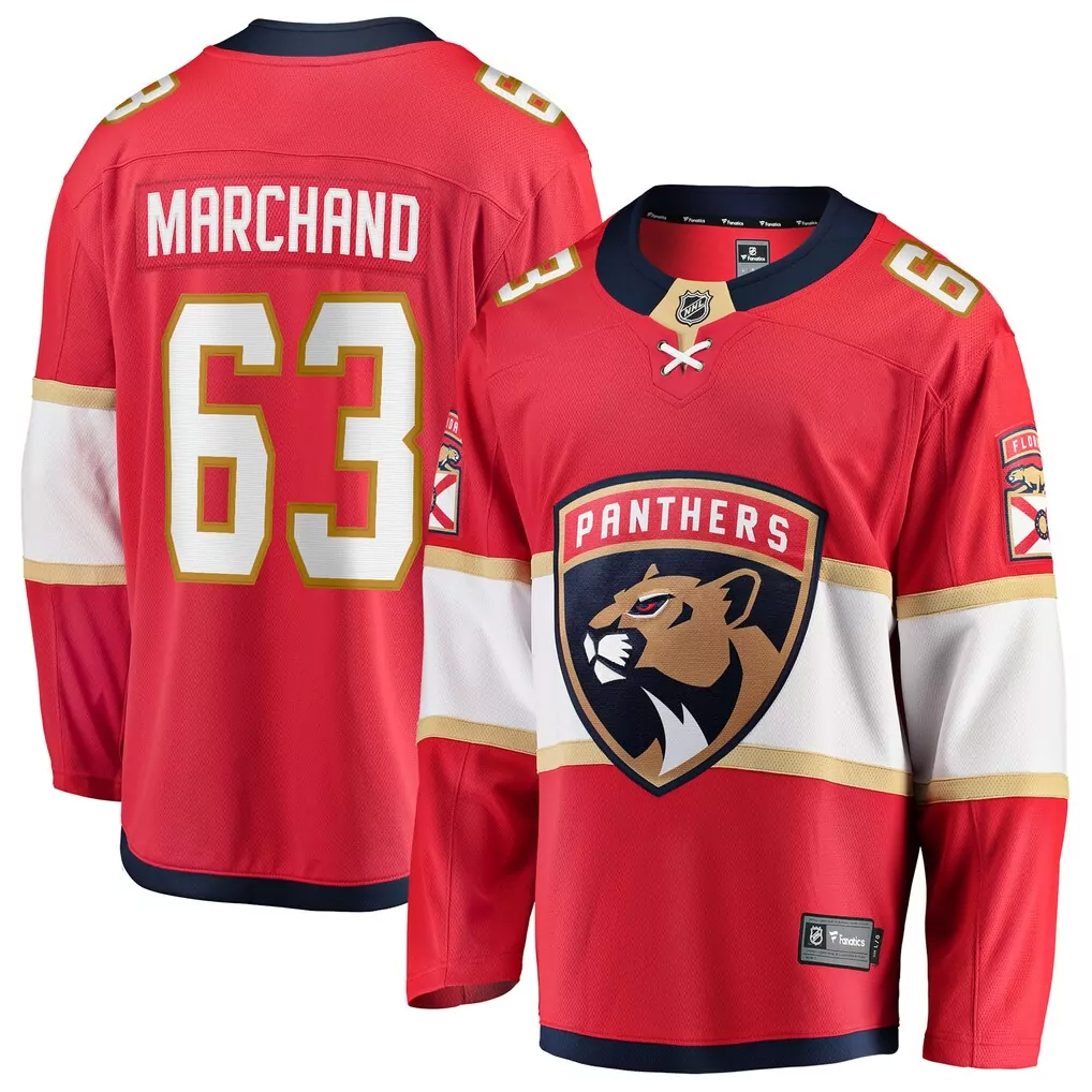 Brad Marchand 63 Florida Panthers Jersey Red Men White Gold Home Breakaway