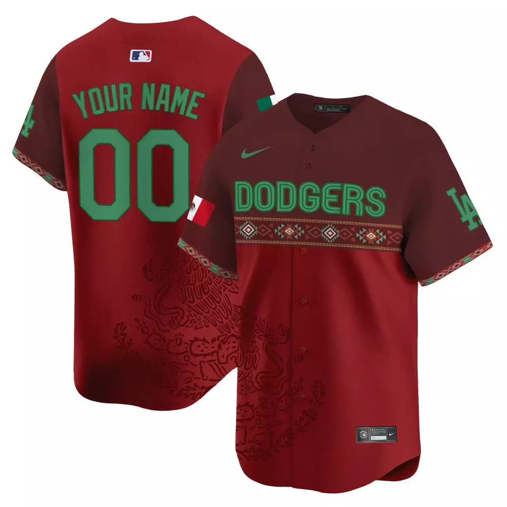 Custom Dodgers Jersey Maroon Mexico Day Mexican Flag Men Design Green White Red Black
