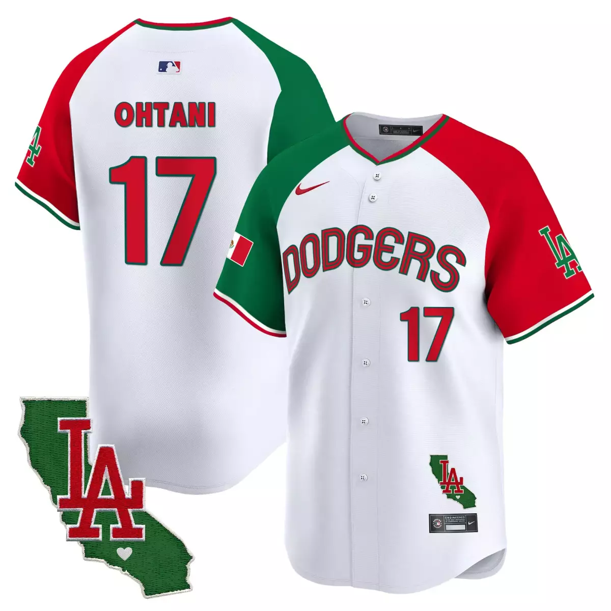 Shohei Ohtani 17 Dodgers Jersey White Mexico Series Mexican Flag California Outline LA