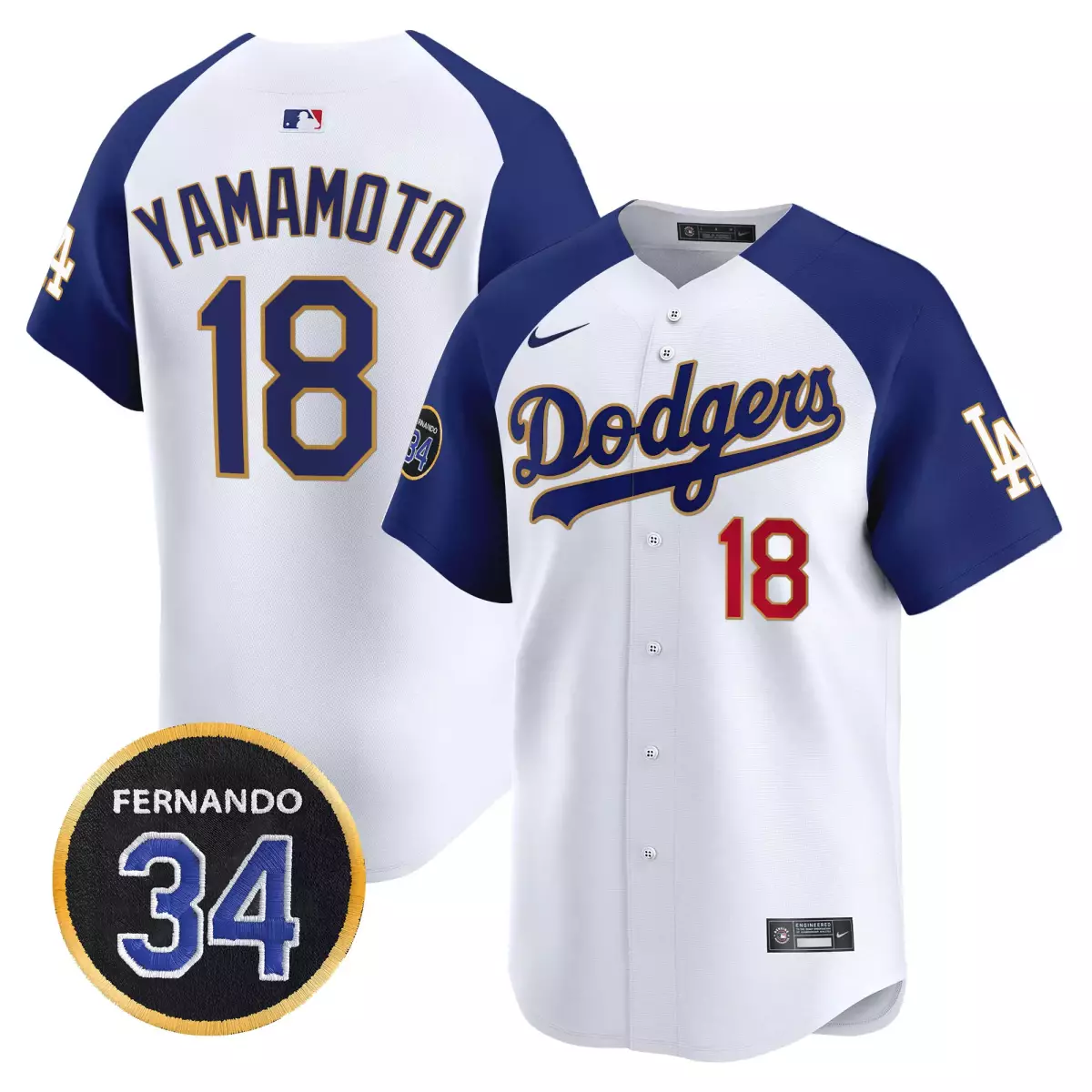 Yamamoto Fernando 18 Dodgers Jersey White LA 34 Men Blue Red Gold Vapor Premier Limited