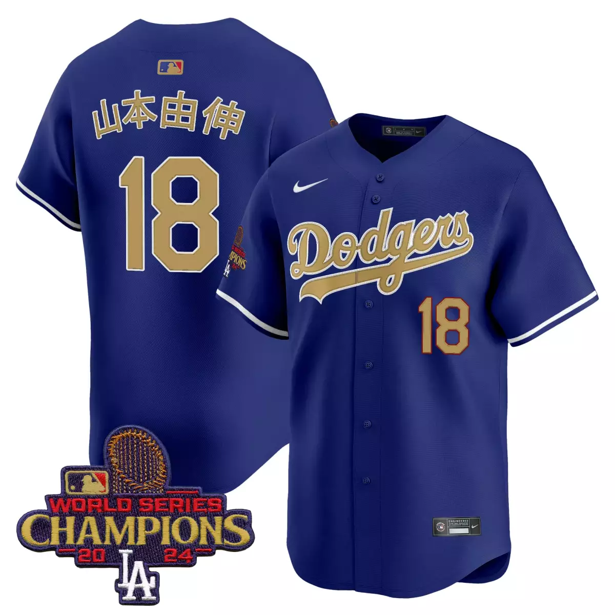 Yoshinobu Yamamoto 18 Dodgers Jersey Blue World Series Champions 2024 Men White Gold