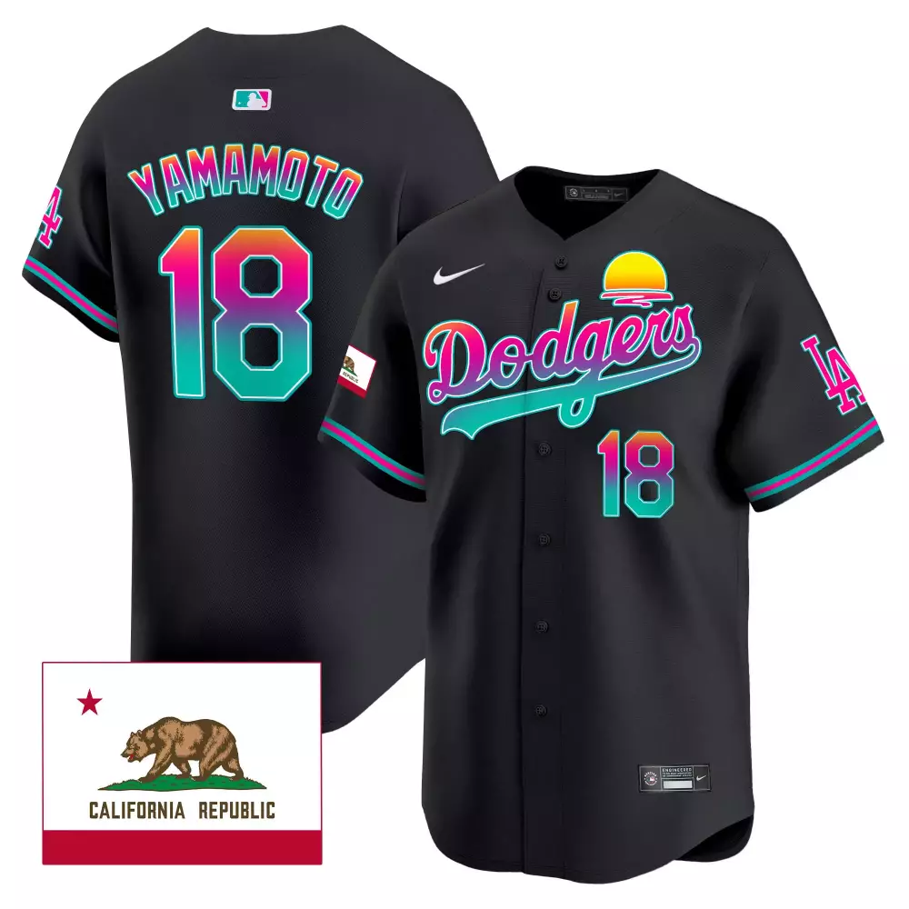 Yamamoto City 18 Dodgers Jersey Black Connect California Republic Flag Men Alternate