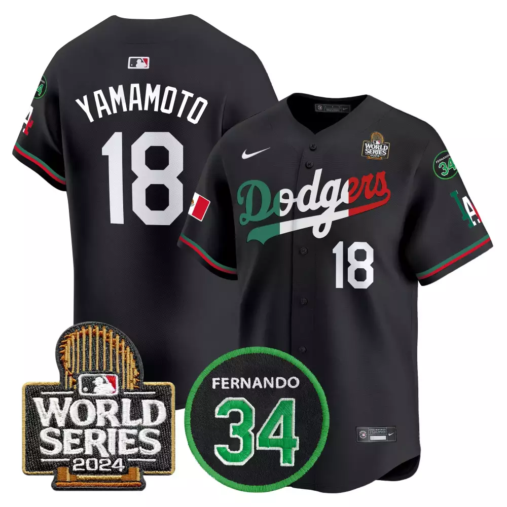 Yamamoto Mexico 18 Dodgers Jersey Black World Series 2024 Fernando 34 Men White Green