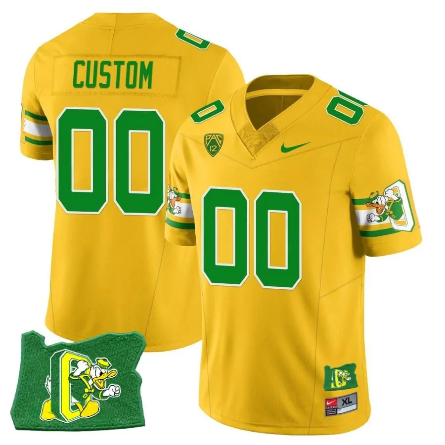 Custom Oregon Ducks Jersey Yellow Donald Duck State Shape Mascot Men Green White