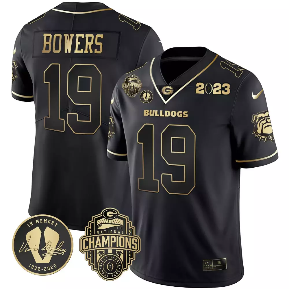 Brock Bowers 19 Georgia Bulldogs Jersey Black National Championship 2023 Vince Dooley Memory 1932-2022