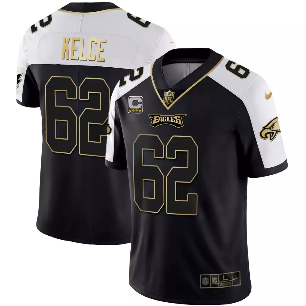 Jason Kelce 62 Eagles Jersey Black Men White Gold Alternate Vapor All Stitched