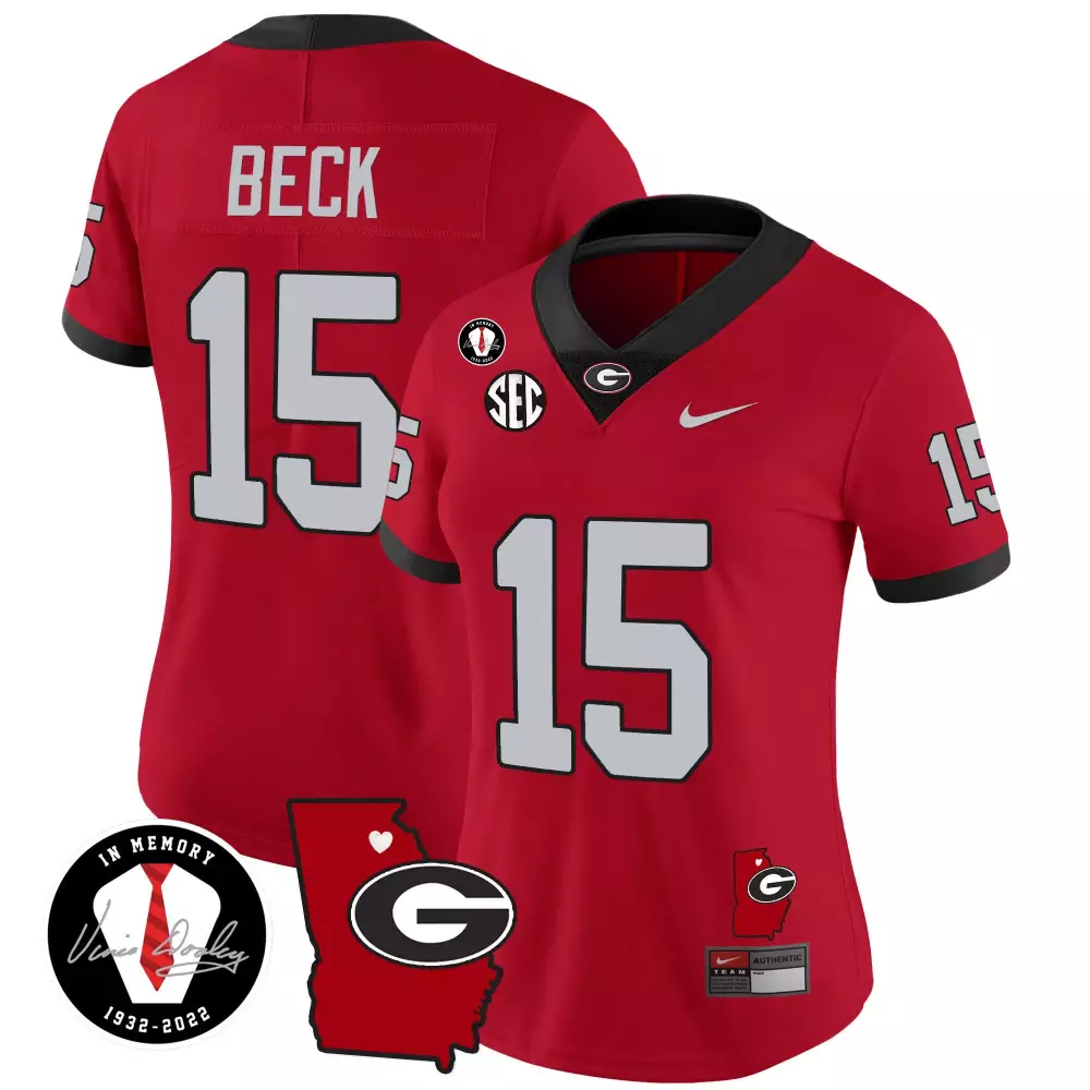 Carson Beck 15 Georgia Bulldogs Jersey Red In Memory Of Vince Dooley 1932-2022 Outline Heart